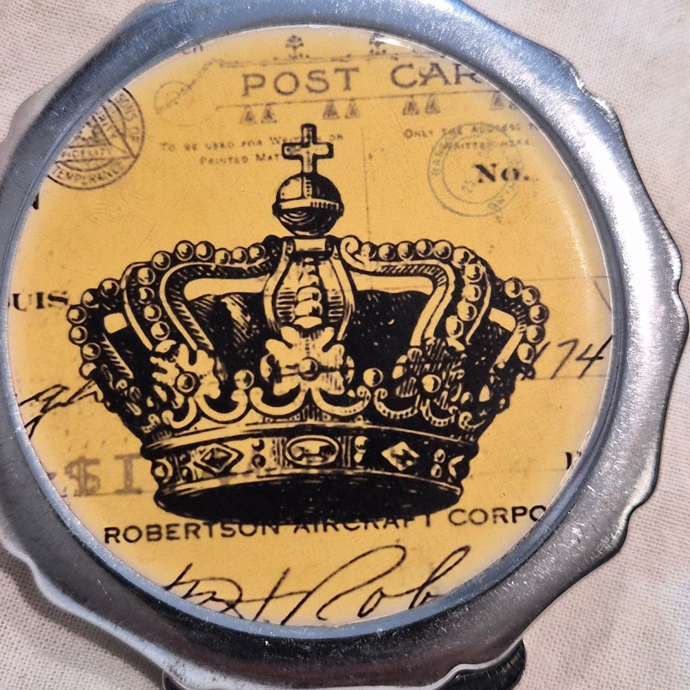 Crown Postcard Compact Mirror Robertson Aircraft Corp Silver Tone Scalloped - Picture 4 of 6